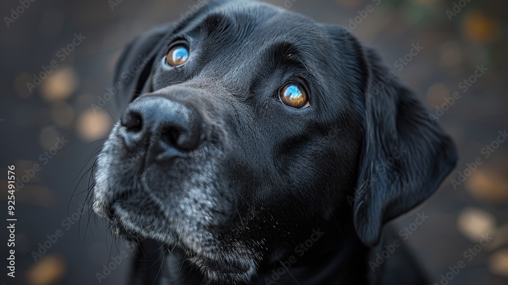 A black Labrador dog gazing up with soulful eyes in a tranquil outdoor setting during the late afternoon A black Labrador dog gazing up with soulful eyes in a tranquil outdoor setting during the late afternoon
