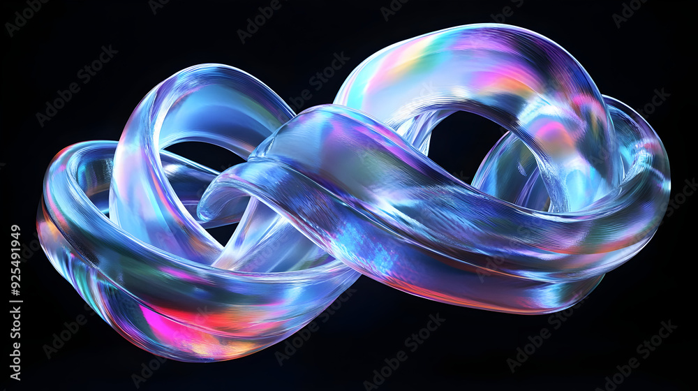 Abstract iridescent ribbon swirling against black background. Abstract iridescent ribbon swirling against black background.