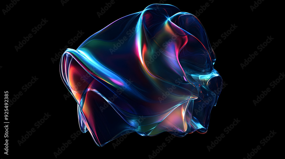 Abstract iridescent shape with folds, curves, and lines in blue, pink, and purple on black background. Abstract iridescent shape with folds, curves, and lines in blue, pink, and purple on black background.