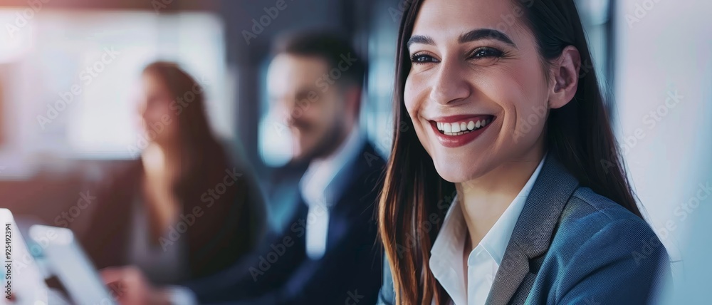 A group of colleagues in an office, with a woman in focus smiling brightly, suggesting a friendly and productive work environment. A group of colleagues in an office, with a woman in focus smiling brightly, suggesting a friendly and productive work environment.