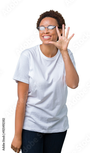 Beautiful young african american woman wearing glasses over isolated background showing and pointing up with fingers number five while smiling confident and happy.