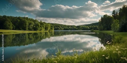 Swirling clouds hover above a tranquil meadow with a serene lake or river, creating a peaceful and picturesque landscape. photo