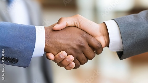 people shaking hands. A woman in a blue shirt and black pants is smiling at the camera as she extends her hand to another man who