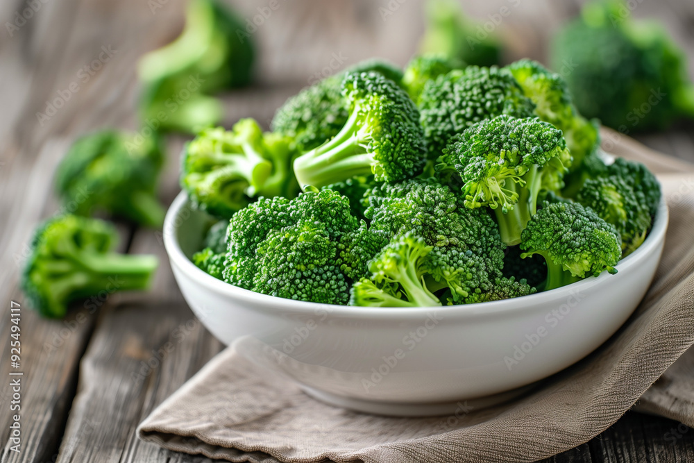 Fresh broccoli florets in a white bowl on wooden table