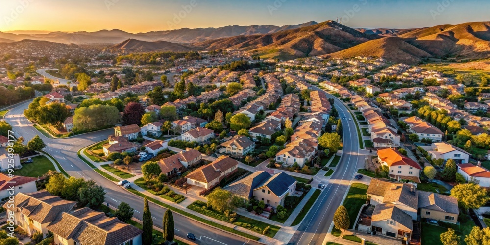 Obraz premium Late afternoon aerial view of suburban neighborhood streets and homes near Los Angeles in Simi Valley, California