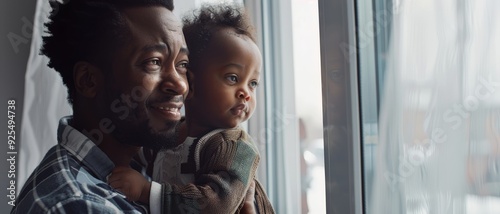 A heartwarming scene of a father holding his young child by the window, both gazing outside with expressions of wonder and love. photo