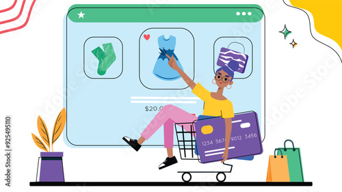 Illustration of a woman shopping online while sitting in a shopping cart, selecting products on a large screen, representing e-commerce, digital retail, and online purchasing.

