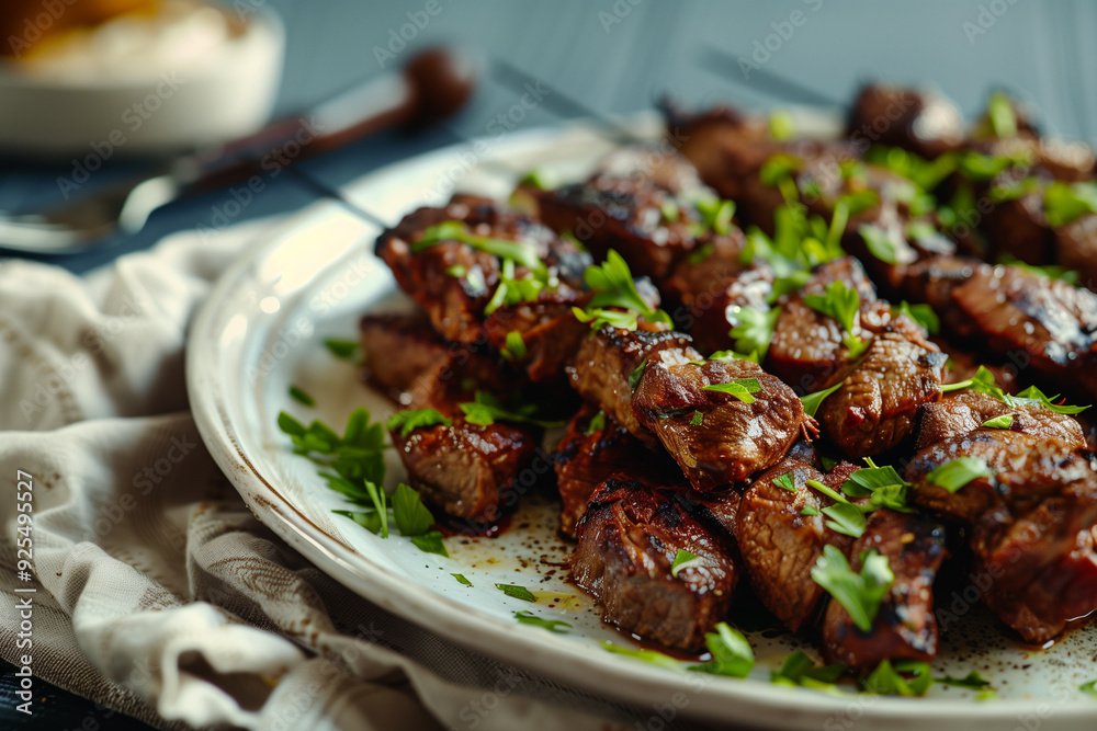 Grilled beef kebabs garnished with herbs on a white plate Grilled beef kebabs garnished with herbs on a white plate