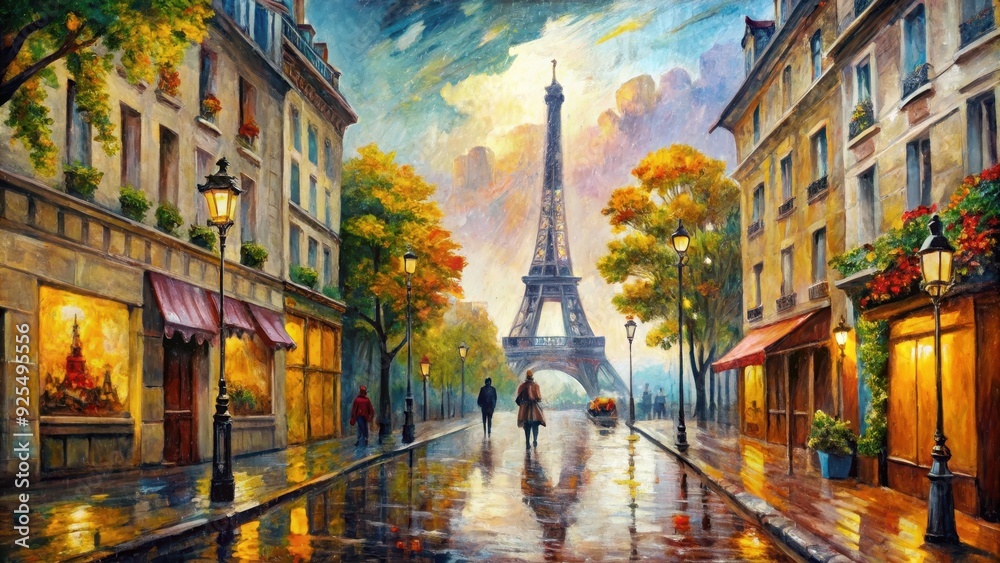 Fototapeta premium Oil painting of a Paris street using palette knife technique, oil painting, palette knife, Paris, street, landscape