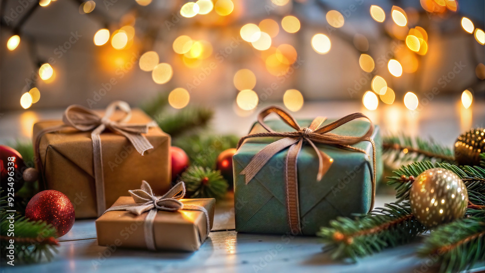 Christmas or New Year background with fir branches, gift boxes and bokeh lights Christmas or New Year background with fir branches, gift boxes and bokeh lights
