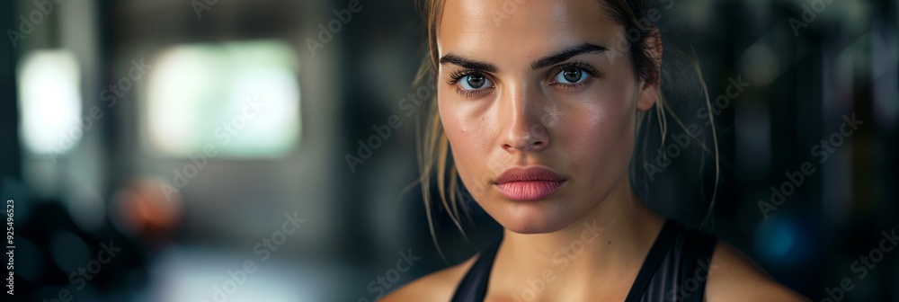 A woman with a focused and determined expression stands in a gym, showcasing her commitment and strength amidst gym equipment. A woman with a focused and determined expression stands in a gym, showcasing her commitment and strength amidst gym equipment.