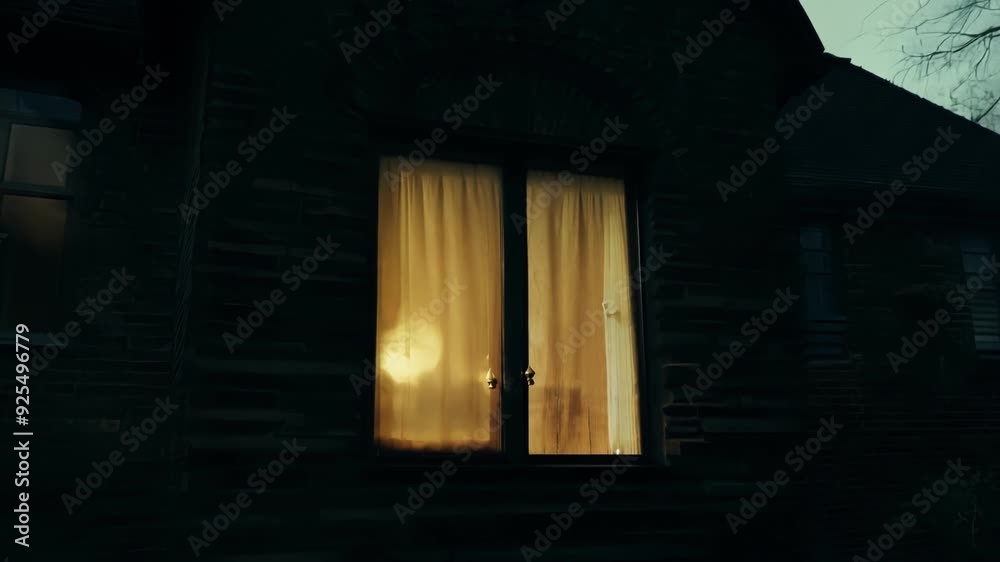 The old stone house glows with warm lights on a spooky halloween night, creating a mysterious and eerie atmosphere perfect for a haunting celebration in the fall season