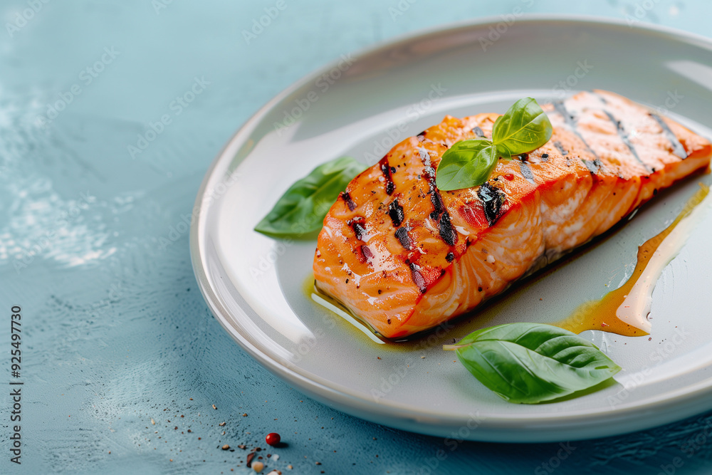 Grilled salmon fillet with basil leaves on a white plate Grilled salmon fillet with basil leaves on a white plate