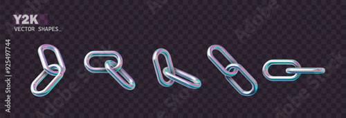 Chain holographic in stale Y2k holographic. Geometric shapes 3D metal shapes in trendy retro futuristic design. Realistic vector in retro futuristic style.