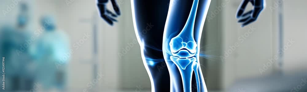 X-ray image showing a human knee joint in profile, capturing the bones ...