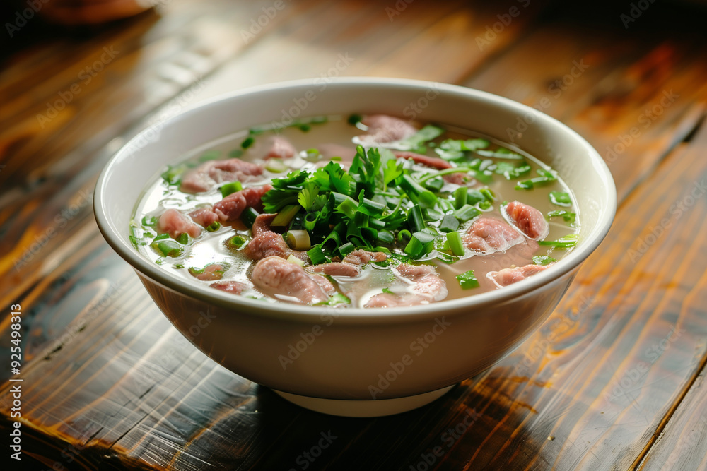 Bowl of pho soup with rare beef slices and herbs Bowl of pho soup with rare beef slices and herbs