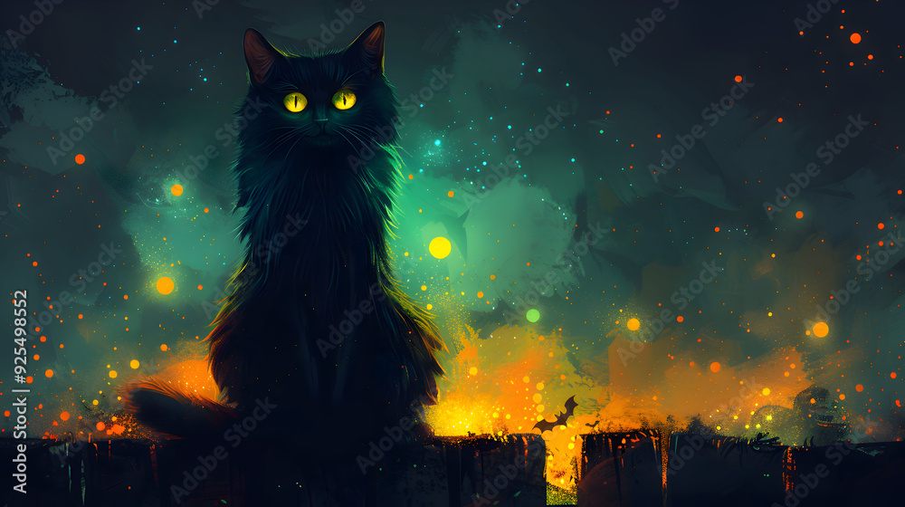 A Halloween card featuring a black cat with piercing green eyes sitting on a fence A Halloween card featuring a black cat with piercing green eyes sitting on a fence