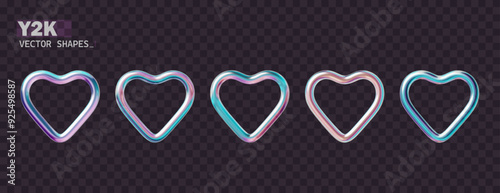 3D chrome hearts in y2k style. Realistic metal hearts isolated on dark background. Holographic chrome shapes 2000s and are perfect for futuristic designs