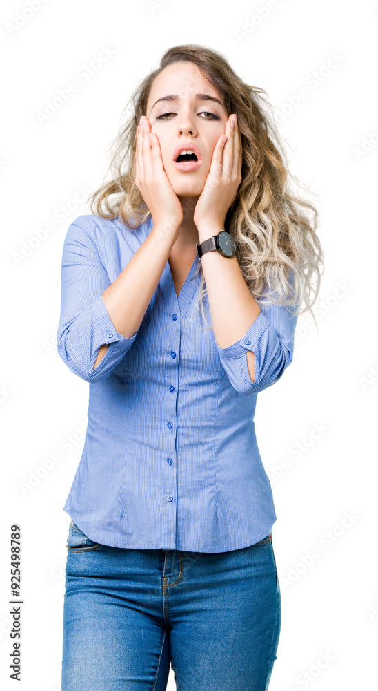 Beautiful young blonde business woman over isolated background Tired hands covering face, depression and sadness, upset and irritated for problem Beautiful young blonde business woman over isolated background Tired hands covering face, depression and sadness, upset and irritated for problem