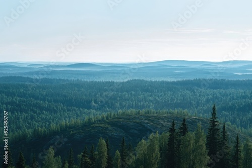 A serene landscape of endless green forests stretching to the horizon under a misty sky.