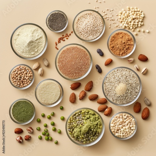 Various kinds of vegan protein sources on beige background. Generative ai.