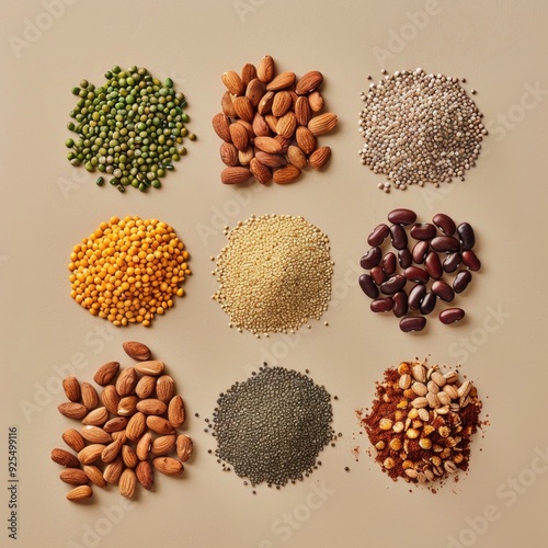 Various kinds of vegan protein sources on beige background. Generative ai.
