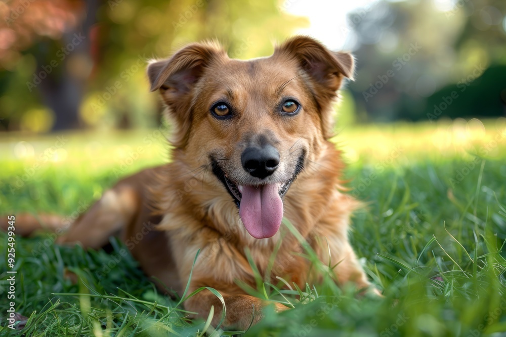 medium-sized dog on lawn. green grass, ears raised, tongue out, morning dawn medium-sized dog on lawn. green grass, ears raised, tongue out, morning dawn