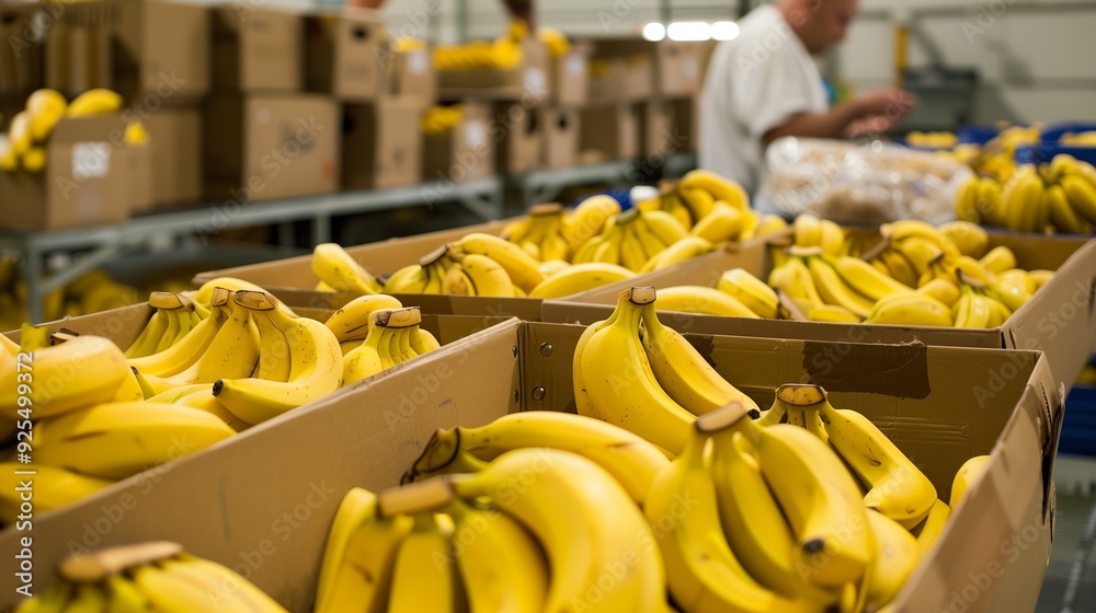 The moment of sorting bananas from cardboard boxes indoors for further sale. In the background, a man in a white coat is visible monitoring the quality of the product. The moment of sorting bananas from cardboard boxes indoors for further sale. In the background, a man in a white coat is visible monitoring the quality of the product.