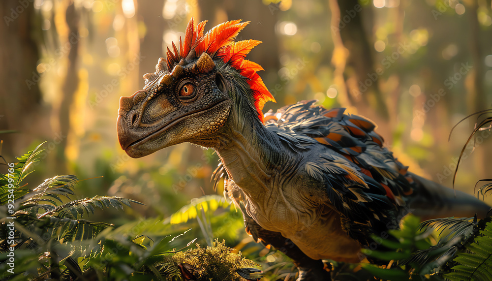 Obraz premium Closeup of a feathered dinosaur with bright red crest, set in a prehistoric forest