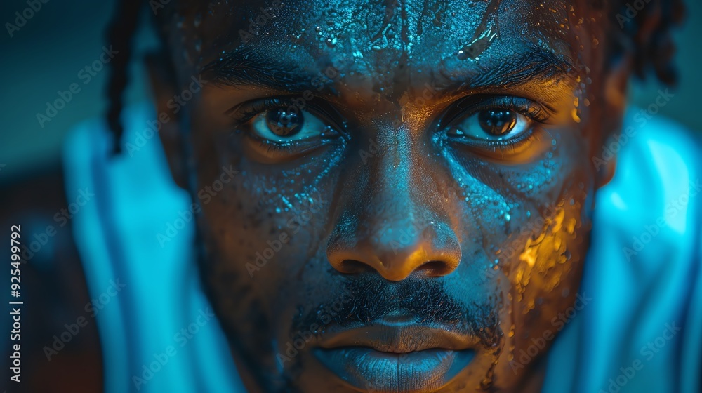 Closeup of focused basketball player, intense expression, action shot, dramatic arena lighting Closeup of focused basketball player, intense expression, action shot, dramatic arena lighting