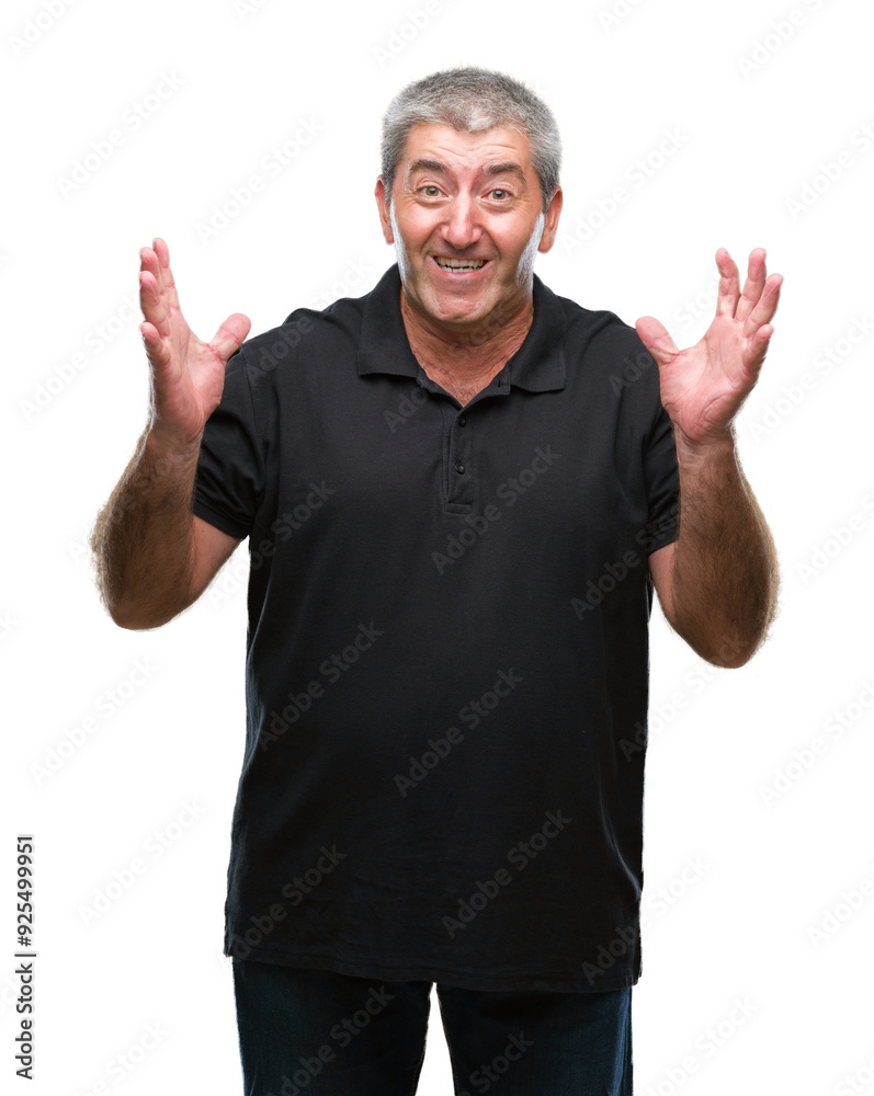 Handsome senior man over isolated background celebrating mad and crazy for success with arms raised and closed eyes screaming excited. Winner concept Handsome senior man over isolated background celebrating mad and crazy for success with arms raised and closed eyes screaming excited. Winner concept