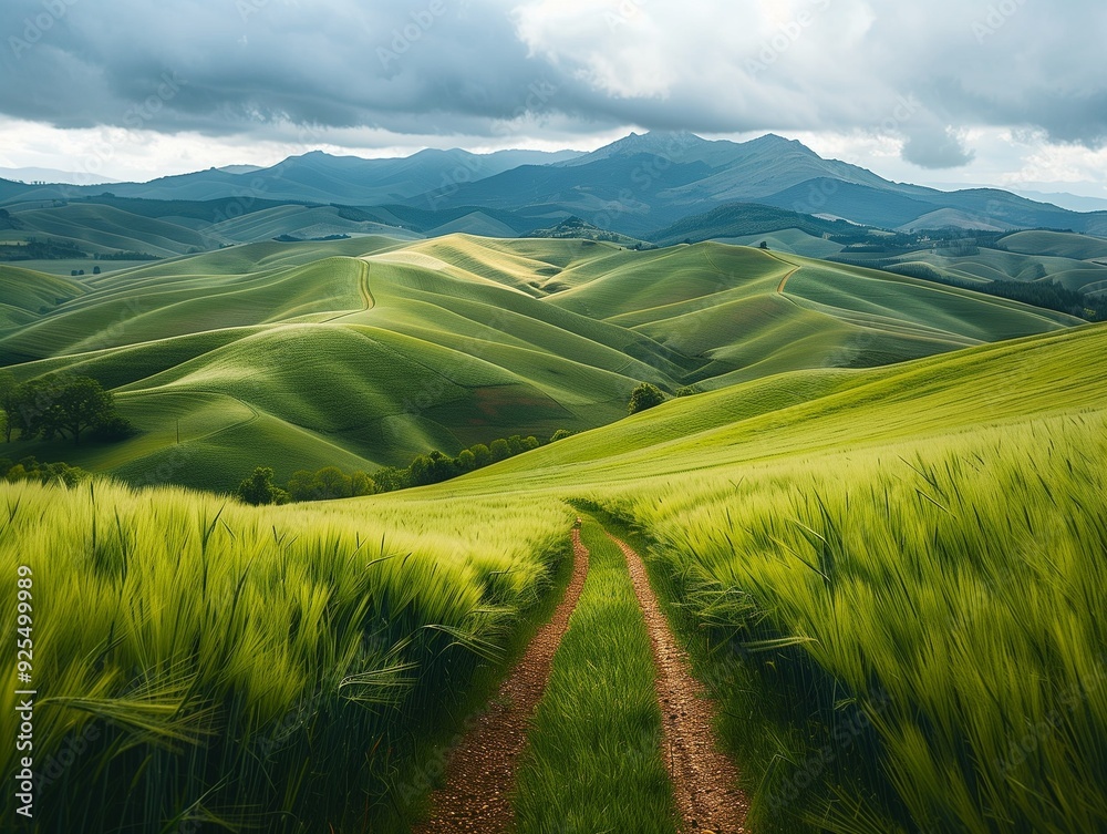 Road through a green field with mountains in the background Road through a green field with mountains in the background