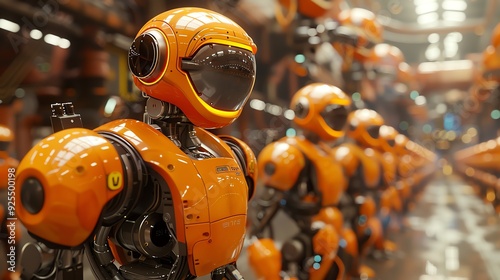 Orange robots assembling in a factory, hightech manufacturing environment, futuristic and precise