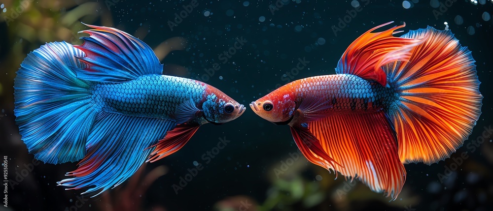 Two vibrant betta fish with flowing fins, swimming gracefully against a black background Two vibrant betta fish with flowing fins, swimming gracefully against a black background
