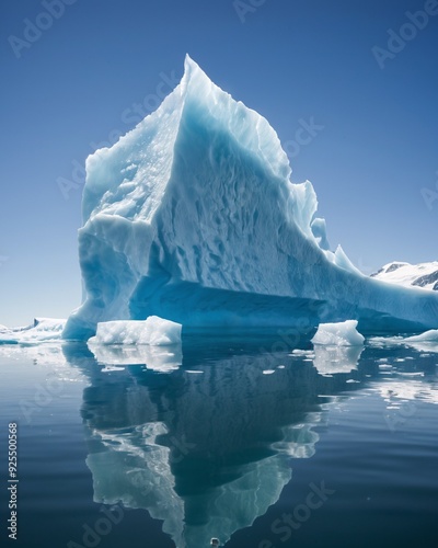 Large iceberg with blue ice floats casts reflection in dark water of bay in Nanortalik Greenland resembles rocket shape photo