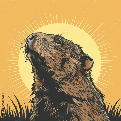 Vector illustration of Punxsutawney Phil looking at the sky. Generative ai.