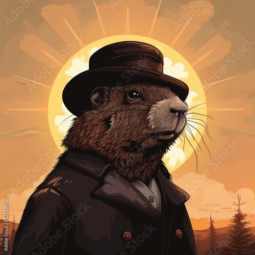 Vector illustration of Punxsutawney Phil looking at the sky. Generative ai.