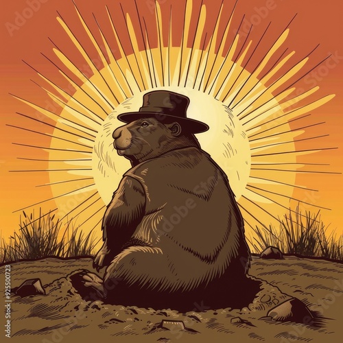 Vector illustration of Punxsutawney Phil looking at the sky. Generative ai.