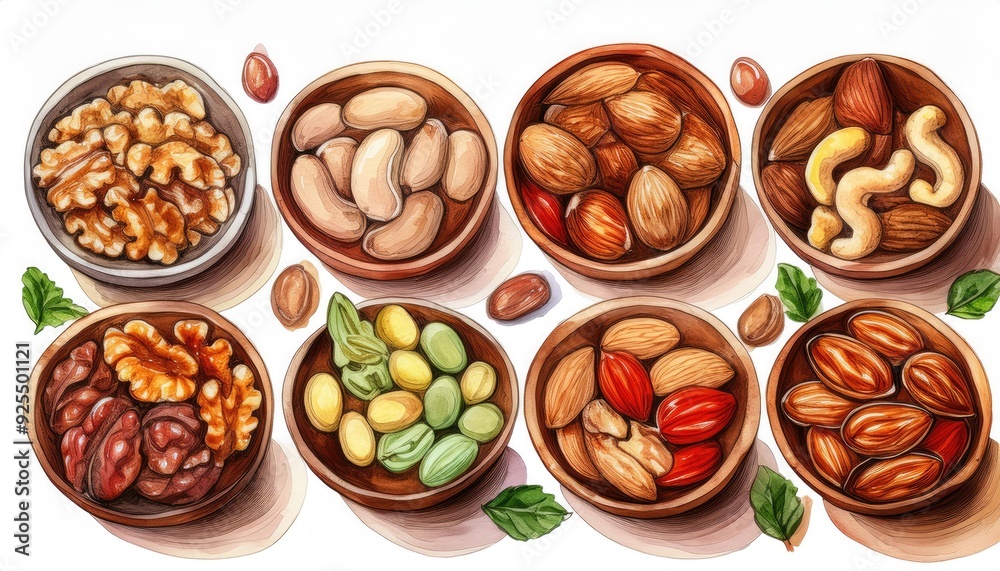 A beautiful arrangement of various nuts in bowls, highlighting their textures and colors, perfect for healthy snack promotion. A beautiful arrangement of various nuts in bowls, highlighting their textures and colors, perfect for healthy snack promotion.