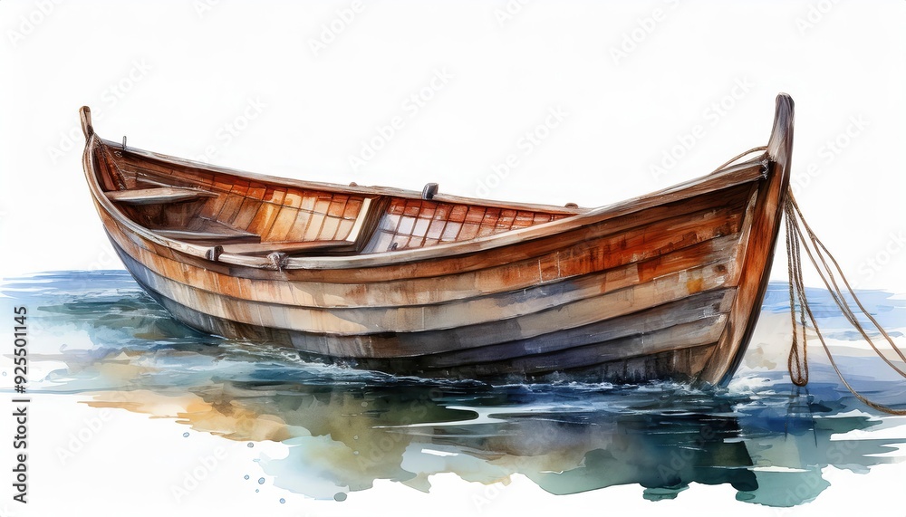 A beautiful wooden boat gently floating on serene waters, captured in a vibrant watercolor style. A beautiful wooden boat gently floating on serene waters, captured in a vibrant watercolor style.