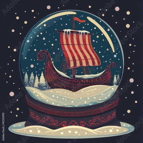 Vector Snow Globe and Viking Ship. Generative ai.