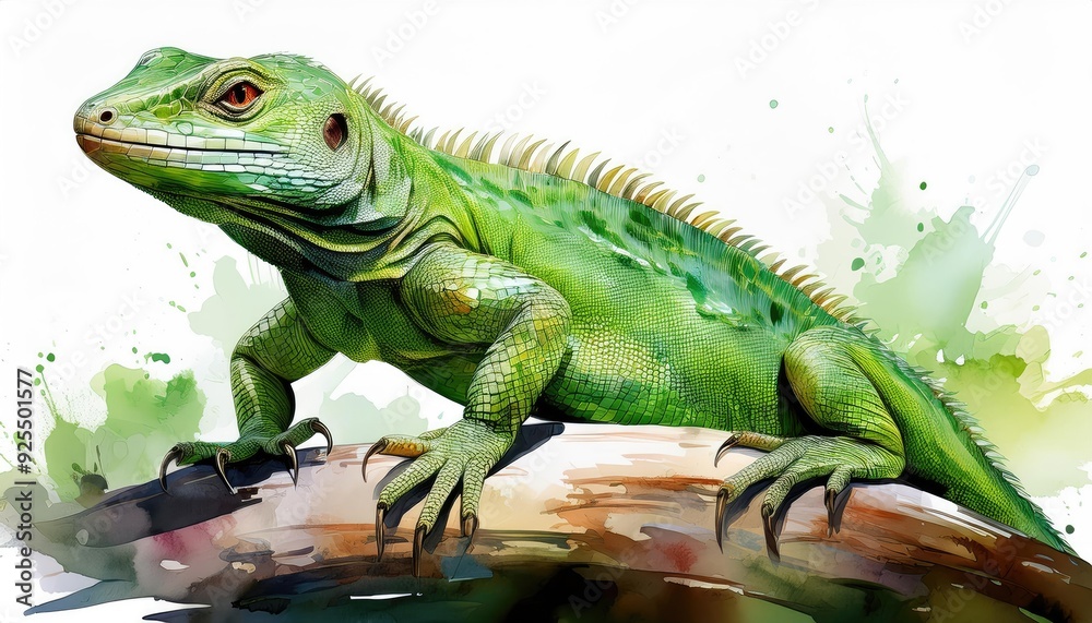 A vibrant green lizard perched on a branch, showcasing intricate details and a dynamic watercolor background for a lively atmosphere. A vibrant green lizard perched on a branch, showcasing intricate details and a dynamic watercolor background for a lively atmosphere.