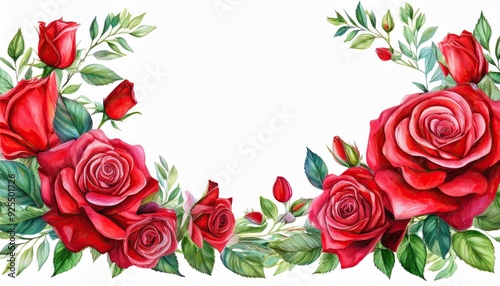 Beautiful red roses arranged artistically with green leaves, perfect for invitations, decor, or romantic themes.