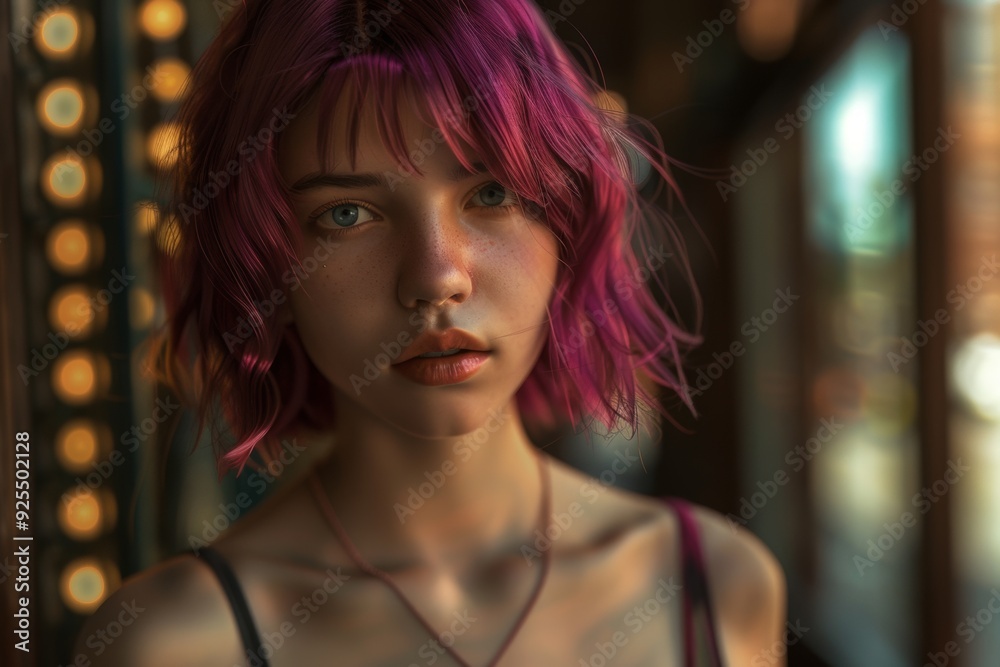 Photorealistic full-body candid portrait of teen with short, layered magenta hair Photorealistic full-body candid portrait of teen with short, layered magenta hair