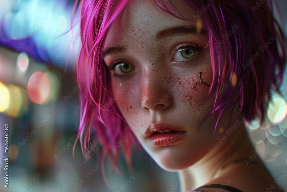 Photorealistic full-body candid portrait of teen with short, layered magenta hair Photorealistic full-body candid portrait of teen with short, layered magenta hair