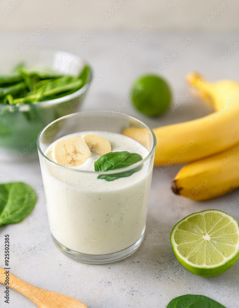 Refreshing Greek yogurt smoothie with bananas, spinach and lime in glass. Tasty and healthy drink. Refreshing Greek yogurt smoothie with bananas, spinach and lime in glass. Tasty and healthy drink.