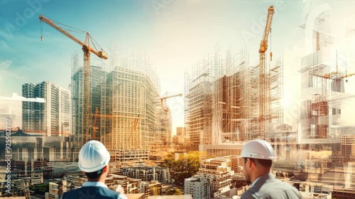 Building a Legacy: Two construction workers stand side-by-side, gazing at a bustling cityscape in the midst of urban development, a testament to human ingenuity and progress.   photo