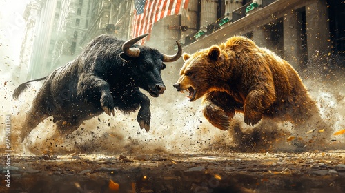 A bull and a bear fight against a stock market chart and an American flag. photo