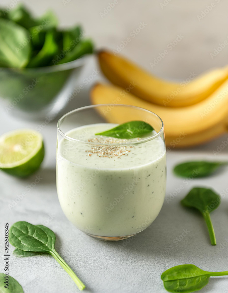 Refreshing Greek yogurt smoothie with bananas, spinach and lime in glass. Tasty and healthy drink. Refreshing Greek yogurt smoothie with bananas, spinach and lime in glass. Tasty and healthy drink.