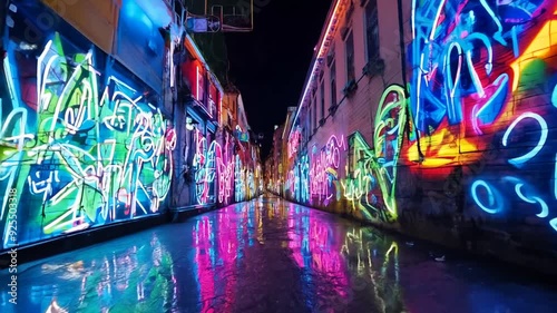 Vibrant Neon Graffiti Lights up a Lively Urban Alleyway at Night Generative AI